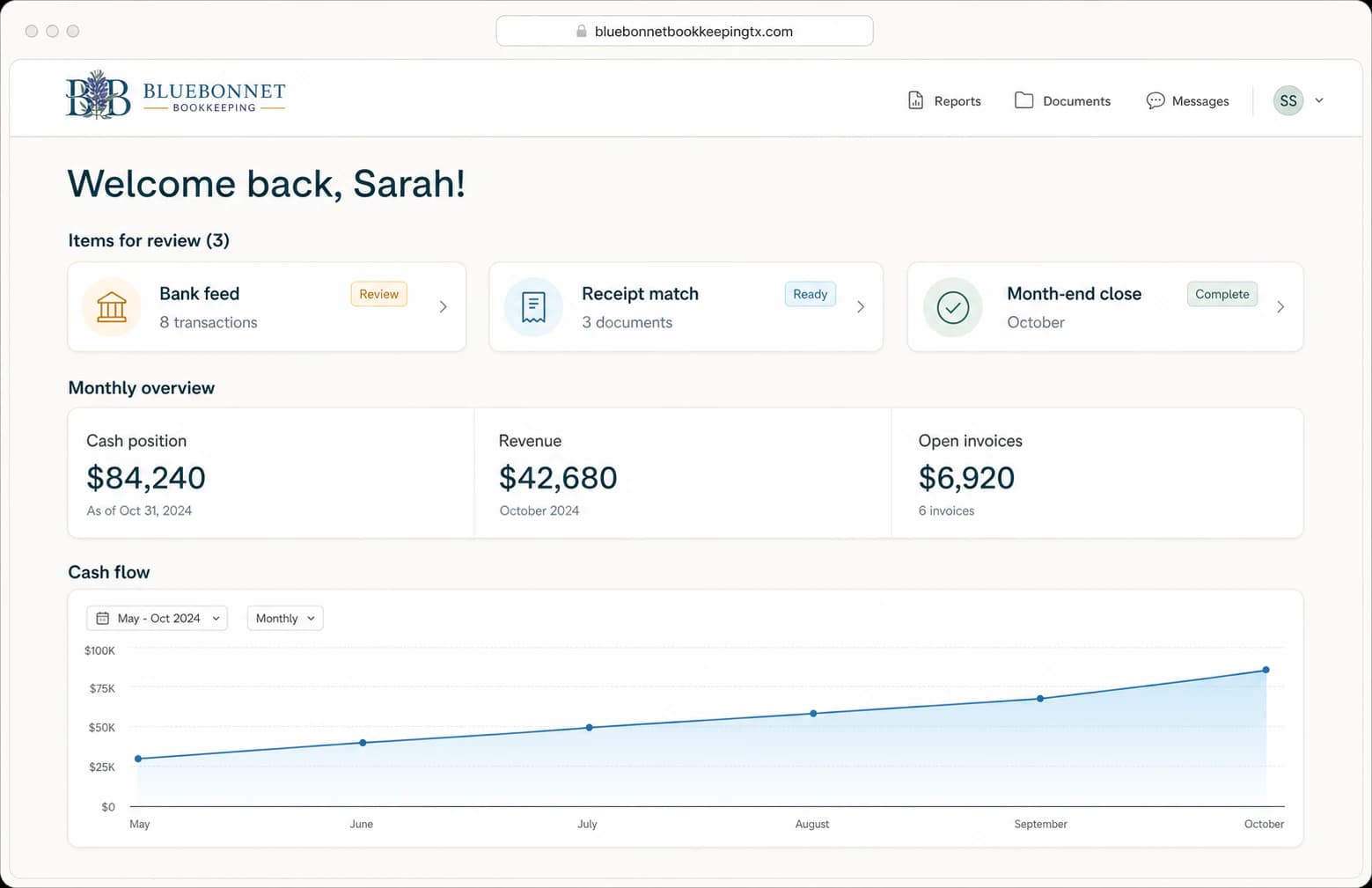 A Bluebonnet client dashboard showing bookkeeping review items, monthly financial metrics, and cash flow